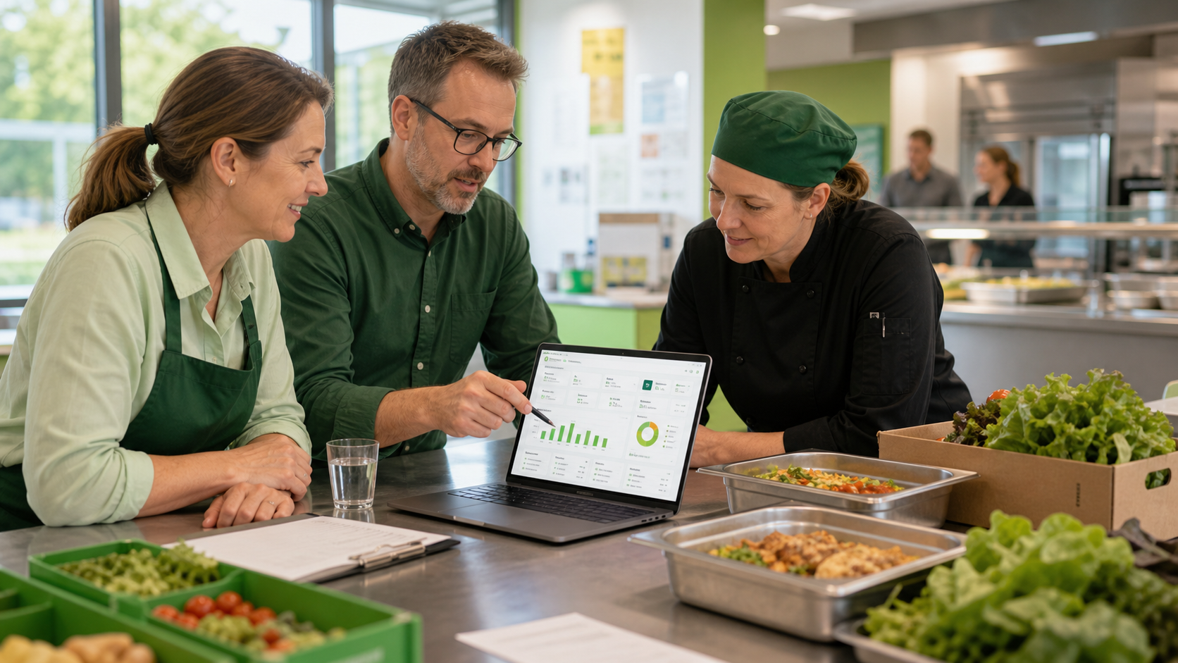 Mensa-Team plant Bestellungen und Essensausgabe